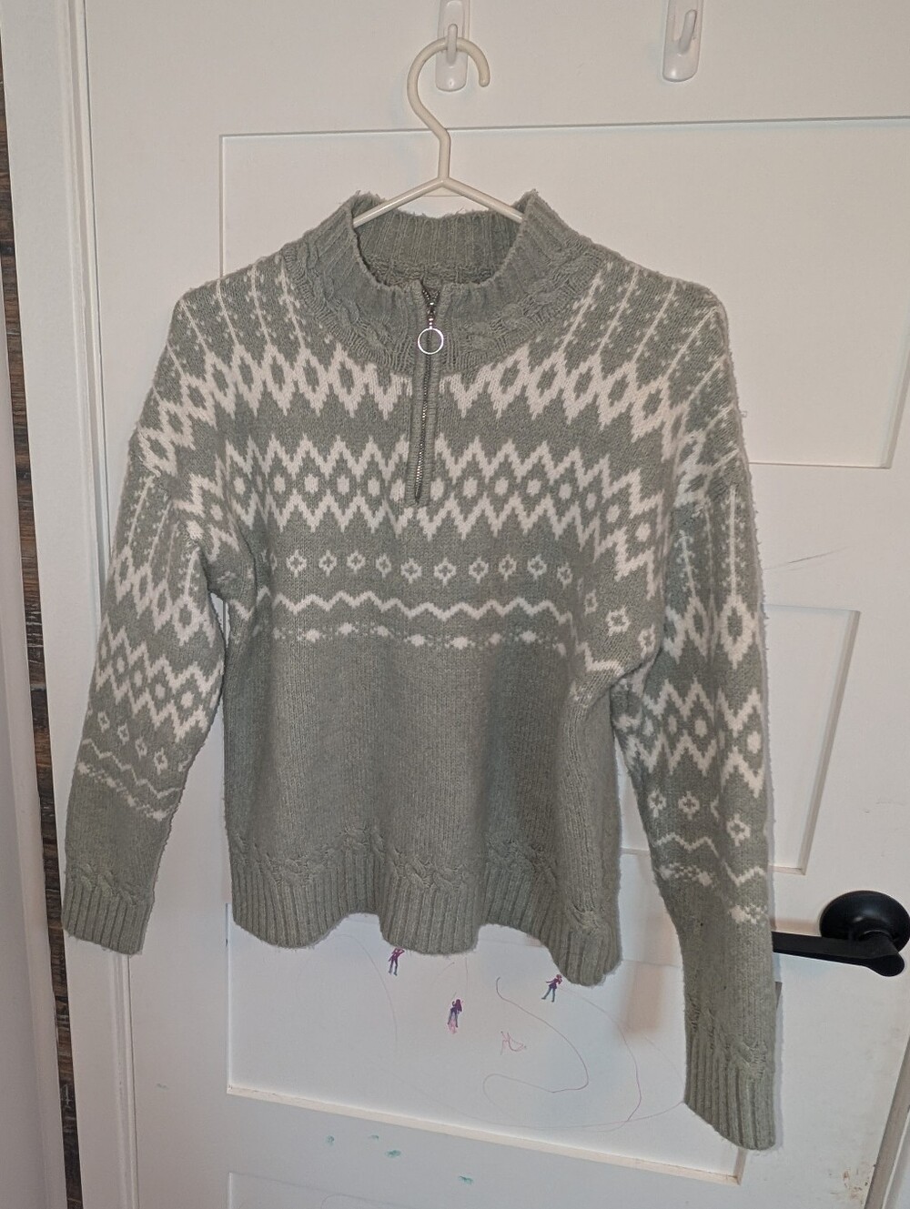 Women's Green and White Half-Zip Fair Isle Sweater